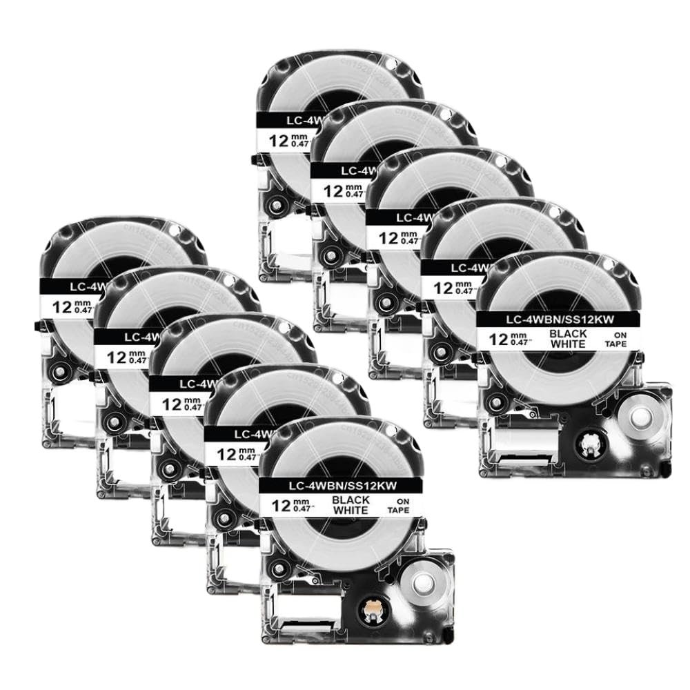12mm Compatible Label Tape 5/10PK SS12KW SC12YW for Label Maker LW-300 LW-400 Works with Similar Devices(10PK Black on White)
