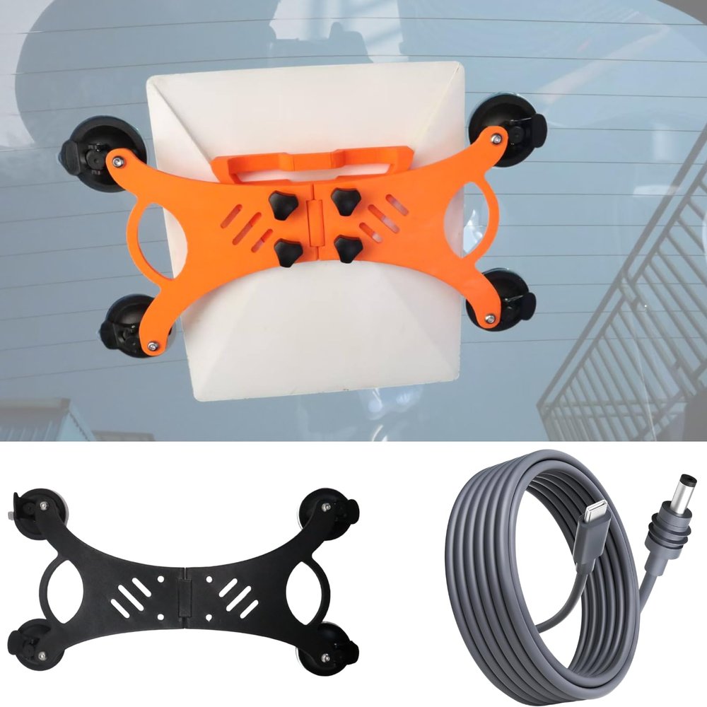 Compatible with Starlink Mini  Foldable Car Mount with Four Strong Suction Cups, Compact and Easy to Store, Ideal for Camping and Road Trips (Black+USB-C to DC)