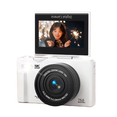 Bewinner Cmaras Digitales de 5k, Cmara de Viaje Selfie WiFi WiFi de 75MP con 3 Pulgadas de 180 Grados de 180 Grados y Zoom de 18x, Luz LED de Lente Macro de , Tarjeta de (White)