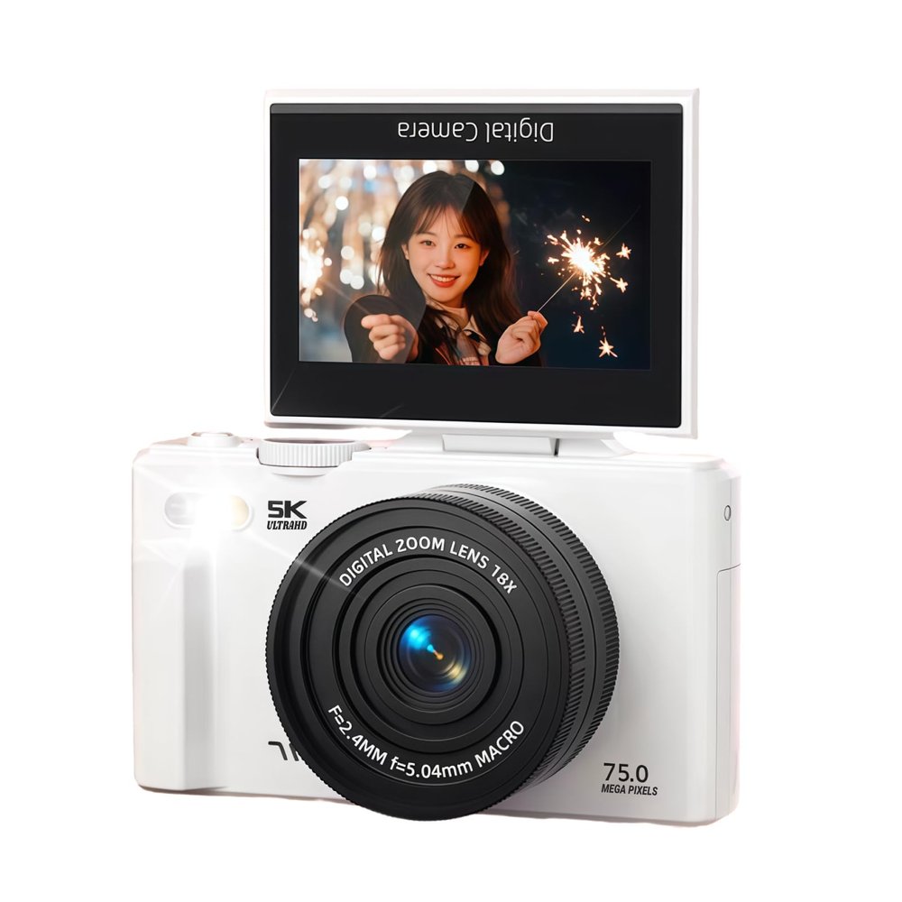 Bewinner Cmaras Digitales de 5k, Cmara de Viaje Selfie WiFi WiFi de 75MP con 3 Pulgadas de 180 Grados de 180 Grados y Zoom de 18x, Luz LED de Lente Macro de , Tarjeta de (White)