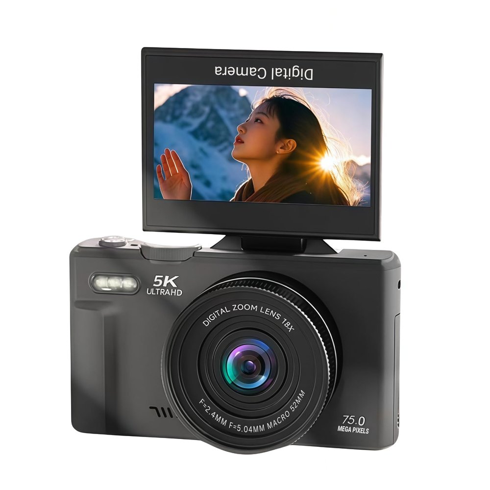 Bewinner Cmaras Digitales de 5k, Cmara de Viaje Selfie WiFi WiFi de 75MP con 3 Pulgadas de 180 Grados de 180 Grados y Zoom de 18x, Luz LED de Lente Macro de , Tarjeta de (Black)