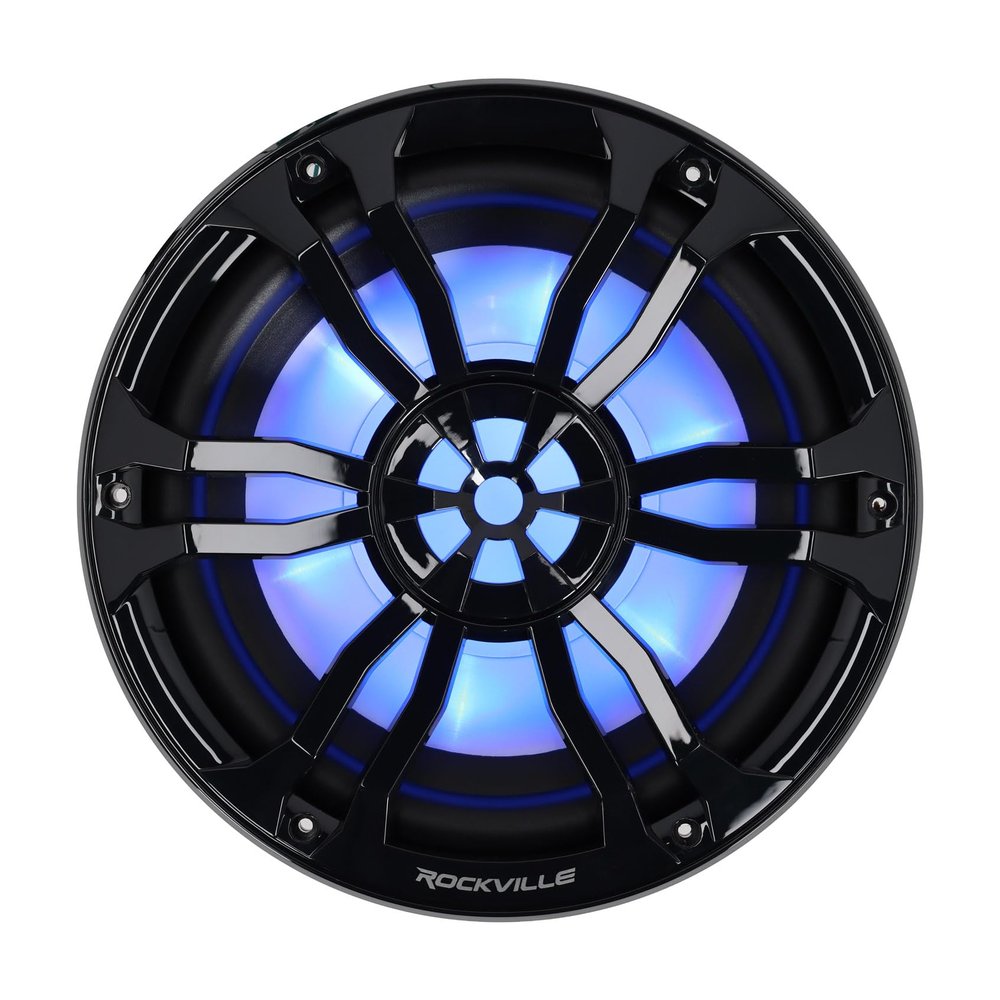 Rockville RM-PREMIUM104 Black Marine Boat 10" Subwoofer 1200W Dual 4 Ohm, Free Air Design, RGB LED Lighting, Polycarbonate Cone, for Marine Audio Enthusiasts
