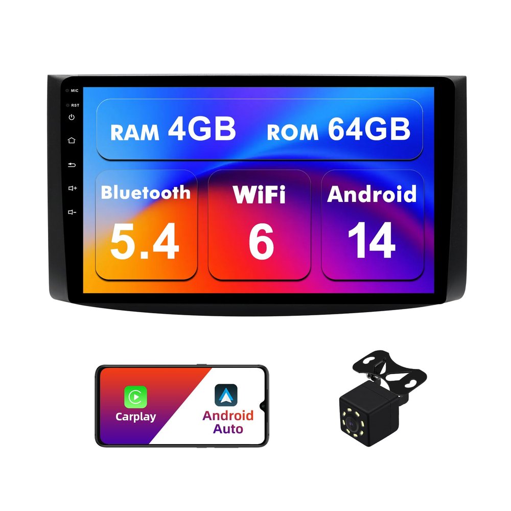 4+64G Android 14 Double Din Car Radio Stereo for Chevrolet Aveo 2006-2012 with 9" Touchscreen Radio Built-in Wireless Carplay/Android Auto/GPS/Bluetooth/FM/AUX-in/SWC/Camera