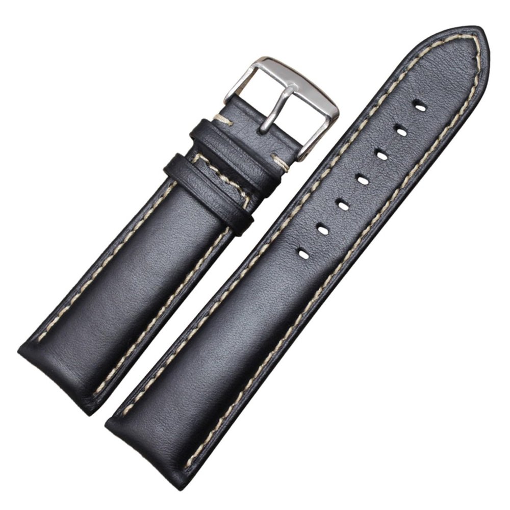 HMFang Genuine Leather Watch Band Strap Black Dark Brown 18 19 20 21 22 24mm Watchbands Men Women Polished Buckle(Black silver buckle,21mm)