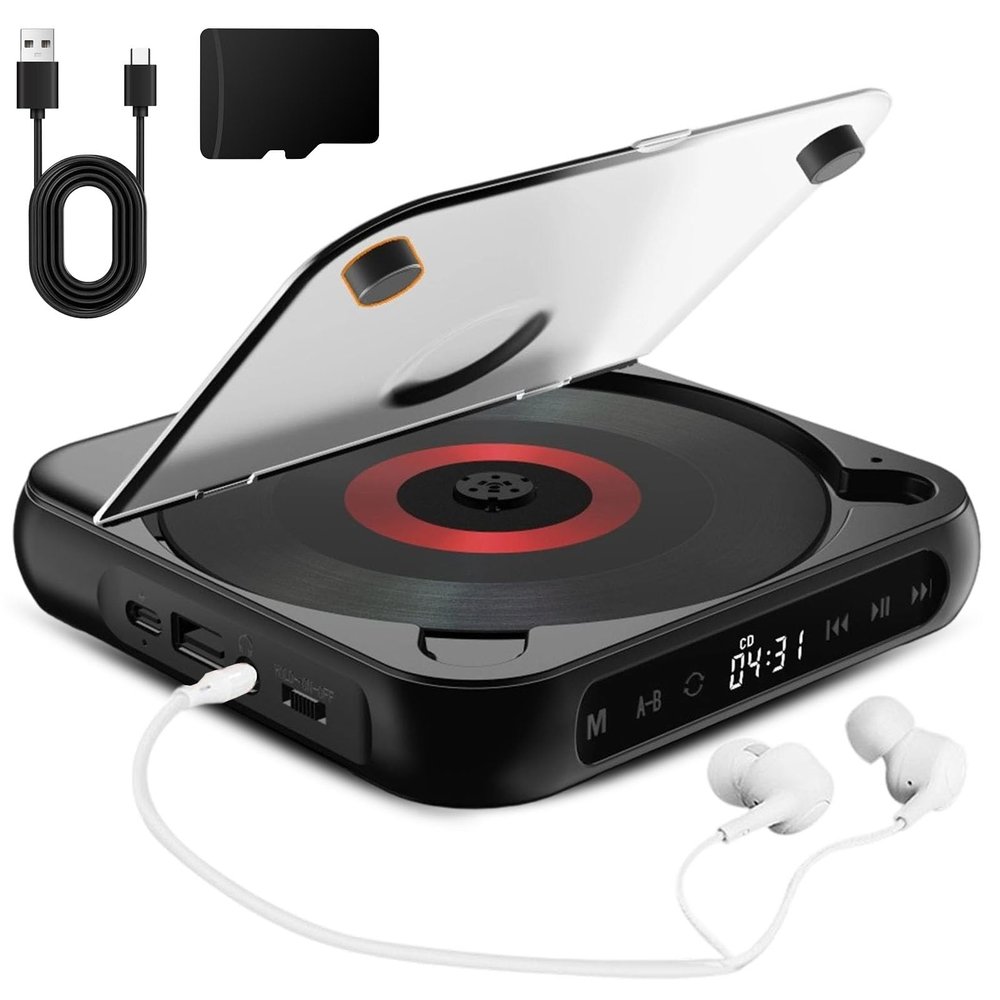 Portable CD Player, Portable Bluetooth-Compatible CD-Player, Rechargeable Cd Player with Bluetooth 5.3, Built-in HiFi Speakers, Supports CD/AUX/USB and Repeat Modes (Black)
