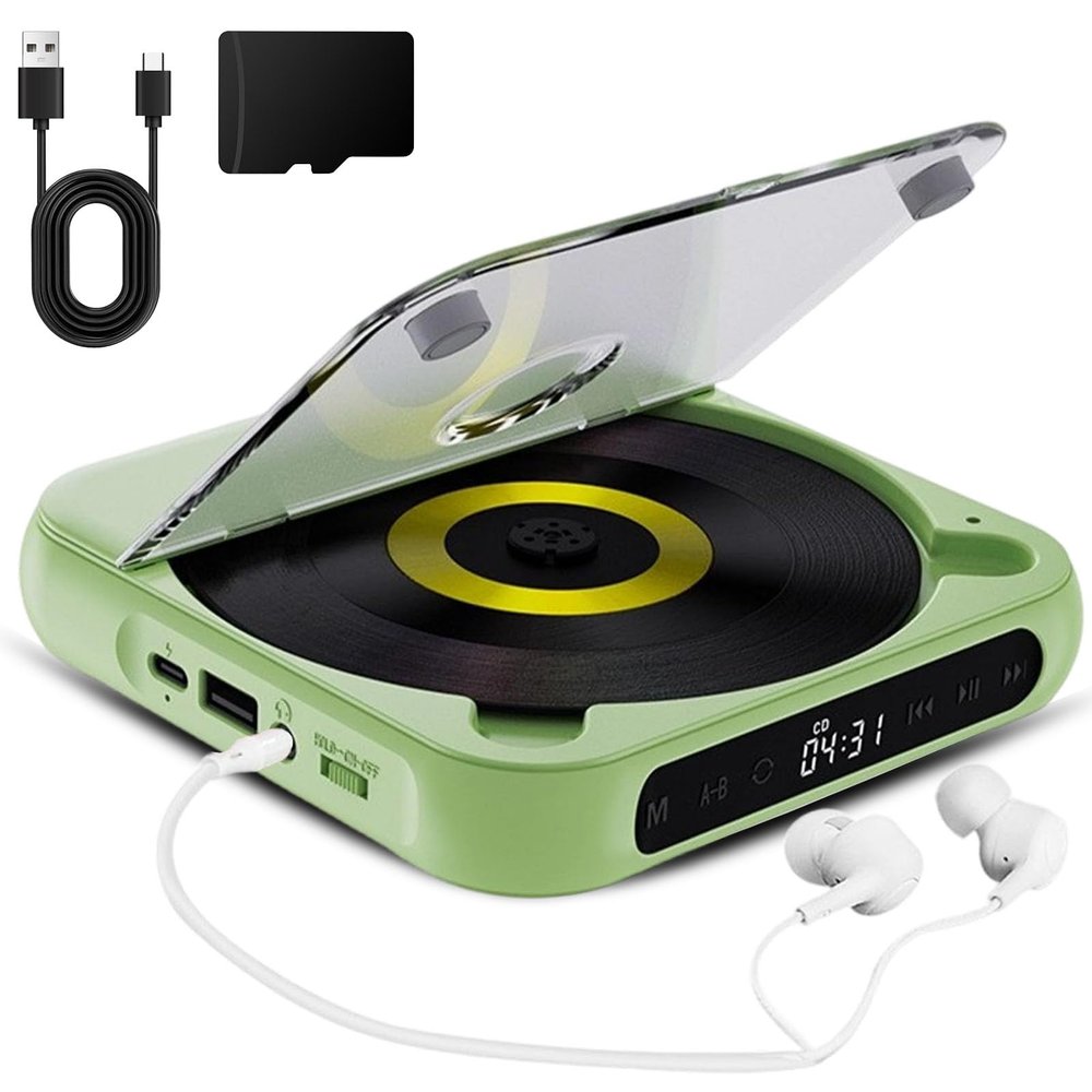 Portable CD Player, Portable Bluetooth-Compatible CD-Player, Rechargeable Cd Player with Bluetooth 5.3, Built-in HiFi Speakers, Supports CD/AUX/USB and Repeat Modes (Green)