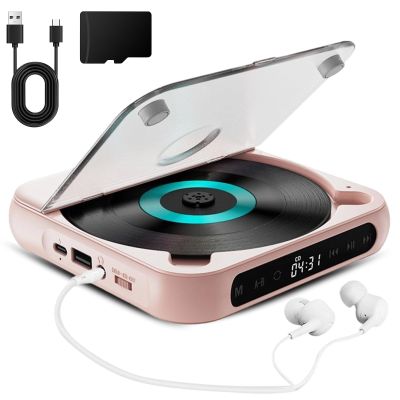 Portable CD Player, Portable Bluetooth-Compatible CD-Player, Rechargeable Cd Player with Bluetooth 5.3, Built-in HiFi Speakers, Supports CD/AUX/USB and Repeat Modes (Pink)