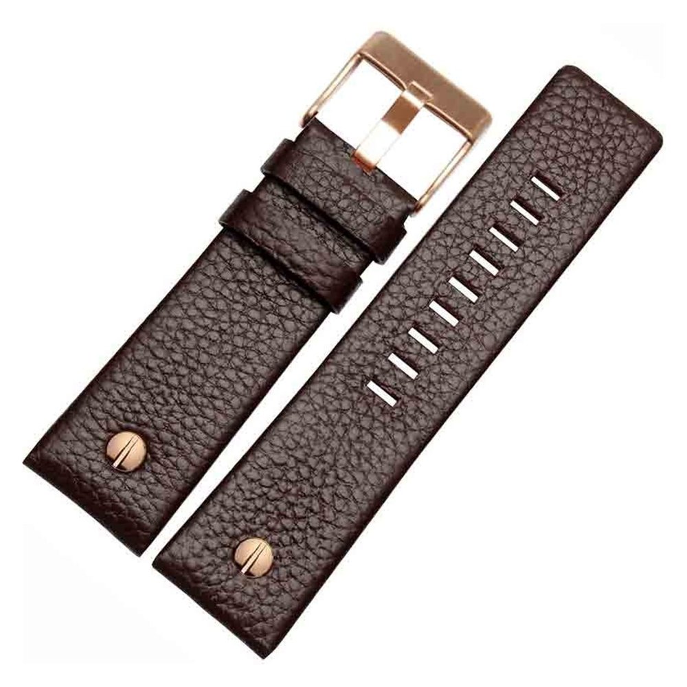 FYXT Fashion Cowhide Watchband With Rivet Watch Strap Belt Bracelet Compatible With Diesel DZ7313 DZ7333 7322 7257 4318 7348 7334 Replacement(Brown x rose gold,28mm)