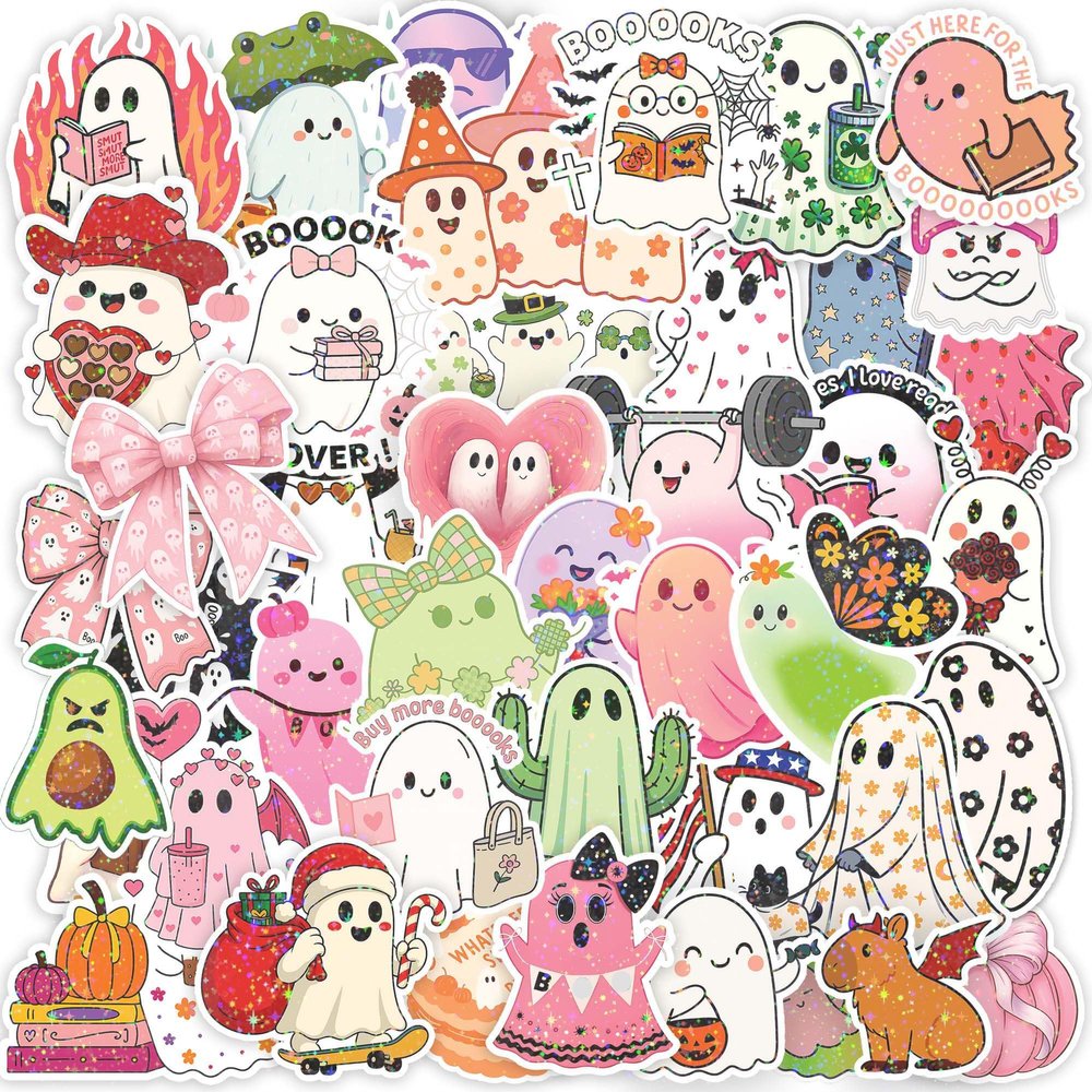 112 PCS Cute Ghost Stickers - Funny Halloween Holographic Stickers Waterproof Vinyl Decals, Suitable for Laptop, Water Bottle, Book, Gift Box, Birthday or Party Decorations, Ghost Party Favors