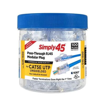S45-1500 Pass-Through RJ45 Connectors, Blue Tint, Cat5e UTP, 100 Pieces