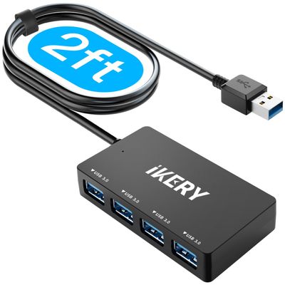 4-Port USB 3.0 Hub, High Speed 5Gbps Data Transfer Hub for Laptop, PC, MacBook - Portable Type-A Ports with 2ft Extended Cable