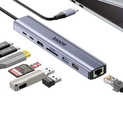 Biaze 8-in-1 USB-C Hub for MacBook Pro with 4K HDMI Adapter, Supporting 100W PD Fast Charging, 100Mbps Ethernet, 2 USB 3.0 Ports, and SD/TF Card Reader. Compatible with MacBook and Type-C laptops.