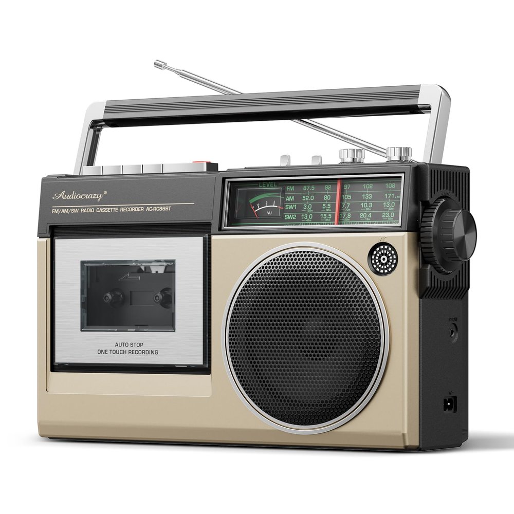 Audiocrazy Retro Boombox Cassette Tape Player Recorder with AM FM SW Radio