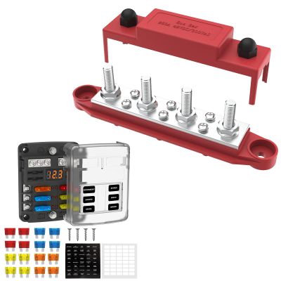 Bundle of Upgraded 12V 250A Red Bus Bar (4-Posts, M8, with Cover) & 6 Way Fuse Block Box