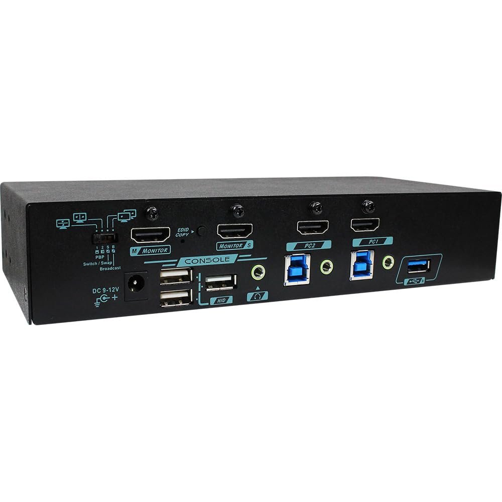 Rextron HDMI 1.4 KVM Switch for 2 Computers 2 Monitors, Full-Frame PBP (Vertical and Horizontal Modes), 4K@30Hz, EDID Management, HDCP 1.4 Compliant, Mouse Roaming, Hotkey Controls, MBAG-312