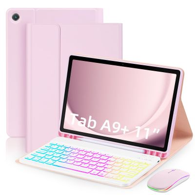 EAMPANG Case with Keyboard Mouse for Samsung Galaxy Tab A11 Plus/A9 Plus 2025/2023 11 inch,7 Color Rainbow Backlight Detachable USB-C Keyboard Magnetic Case with Pen Slot for Tablet A11+ A9+ 5G Pink