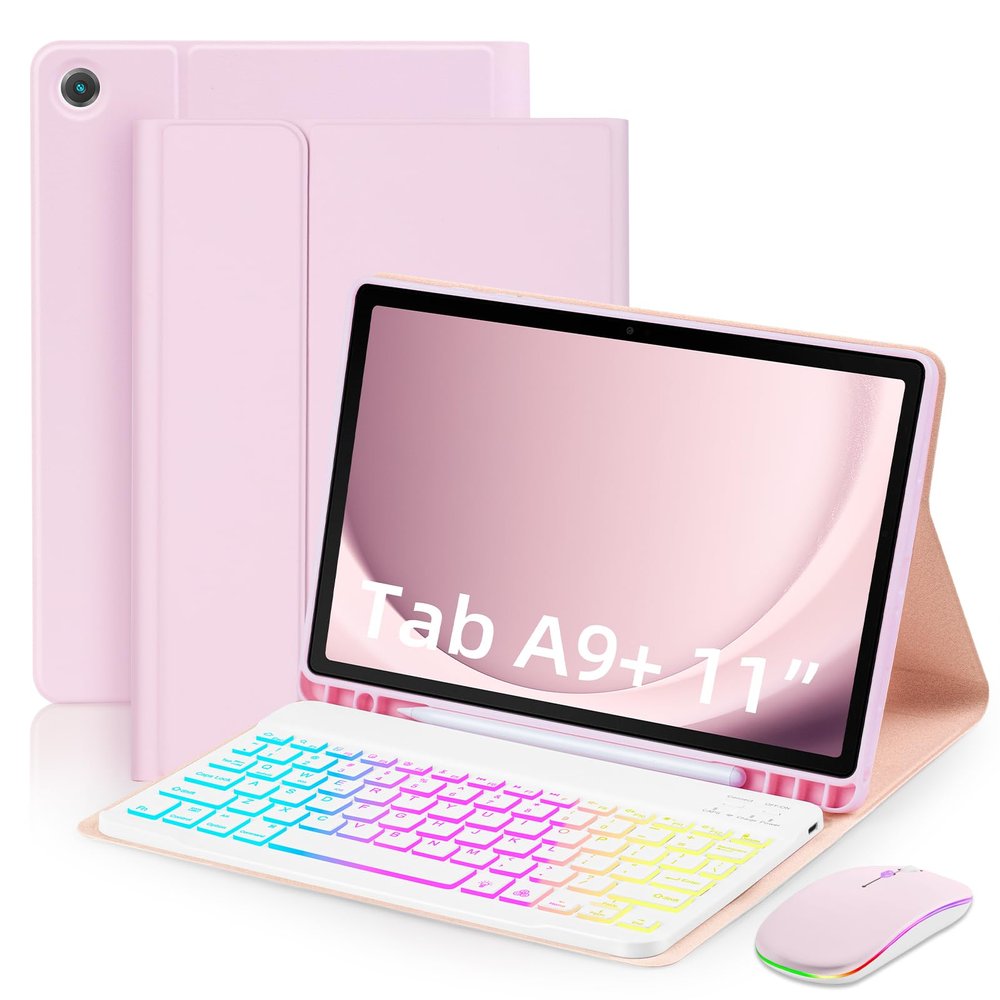 EAMPANG Case with Keyboard Mouse for Samsung Galaxy Tab A11 Plus/A9 Plus 2025/2023 11 inch,7 Color Rainbow Backlight Detachable USB-C Keyboard Magnetic Case with Pen Slot for Tablet A11+ A9+ 5G Pink