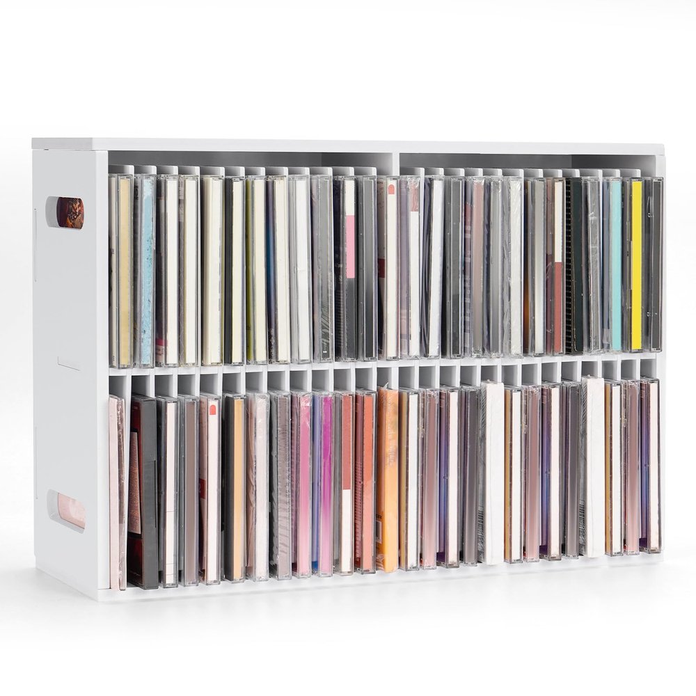 SANFURNEY 52 Slots CD Storage Holder, Wall-Mounted CD Display Stand Jewel Cases Organizer Rack, Stackable Disc Case Holder for Theatre Room