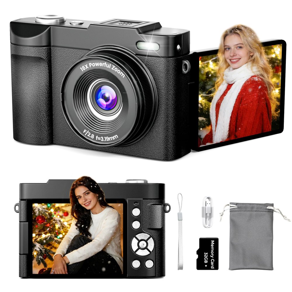 4K Digital Camera for Photography Auto-Focus, Compact 50MP Camera with 180 Flip Screen, 16X Digital Zoom, Camara Fotografica with 32GB Card  Great for Vlogging and Learning Photography