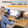 KCEVE 8K KVM Switch 3 Monitors 2 Computers HDMI DP, USB 3.0 KVM Switch Dual Monitor 4K@144Hz 8K@60Hz for 2 Computer Share Keyboard Mouse, with Power Adapter and Wired Remote view 2