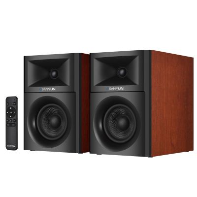 Sanyun SW205 80W Powered Bookshelf Speakers with 3D Soundstage | Precision DSP Spatial Audio & Geometric Cabinet | 4" Glass Fiber Woofer, Optical/Bluetooth 5.4/AUX, Wireless Remote (Pair, Cherry)