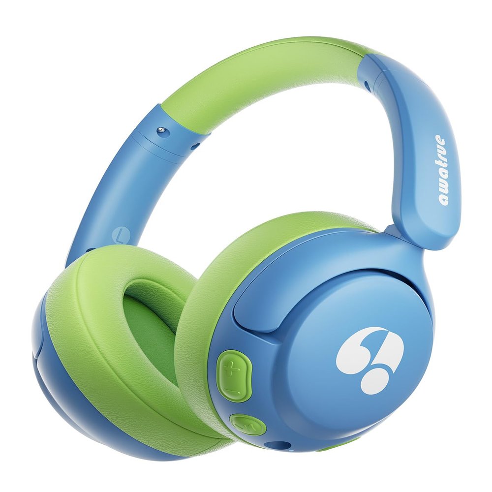 awatrue Kids Bluetooth Headphones, 85dB Volume Limiter, Foldable Wireless Over-Ear Headphones for iPad, Travel, 75H Playtime, Bluetooth 5.4, Built-in Mic, Blue Green