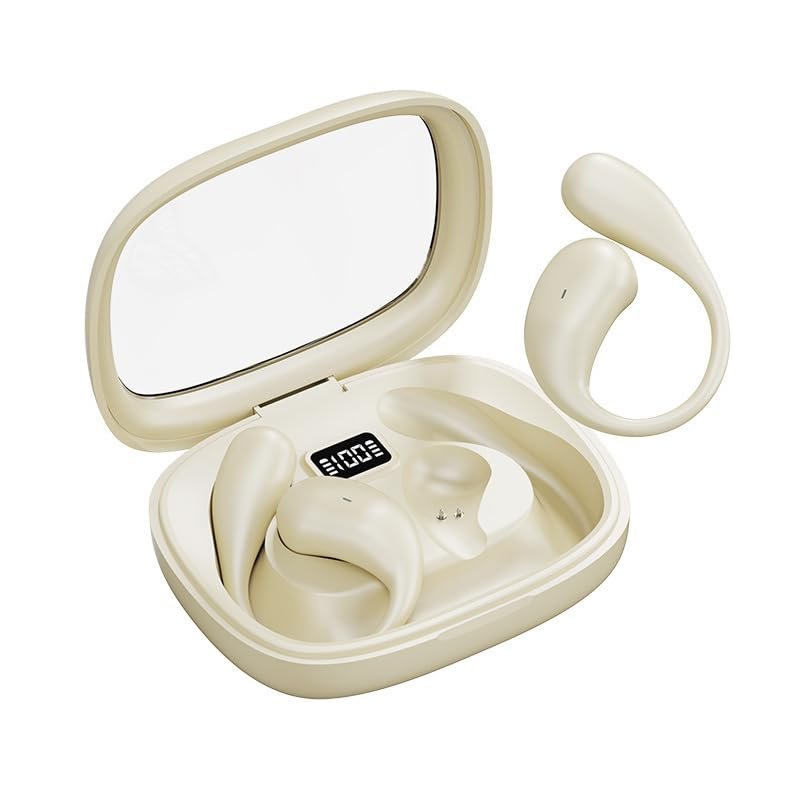 Bluetooth Headset 2025 New earhook Wireless air Conduction Does not Enter The Ear, Suitable for Outdoor Sports, Running, Cycling, Configuration, Transparent Cabin Charging case (Beige)