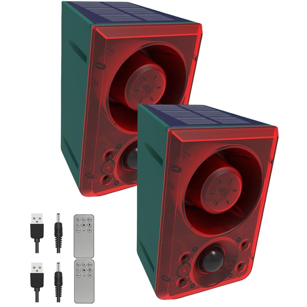 HULPPRE 2pack Solar Outdoor Motion Sensor Alarm-Dog Barking or Gunshot Sound,Support Recording&Volume,130db Loud Noise Maker,3 Work Modes Strobe Light with USB,Say Goodbye to The Intruders