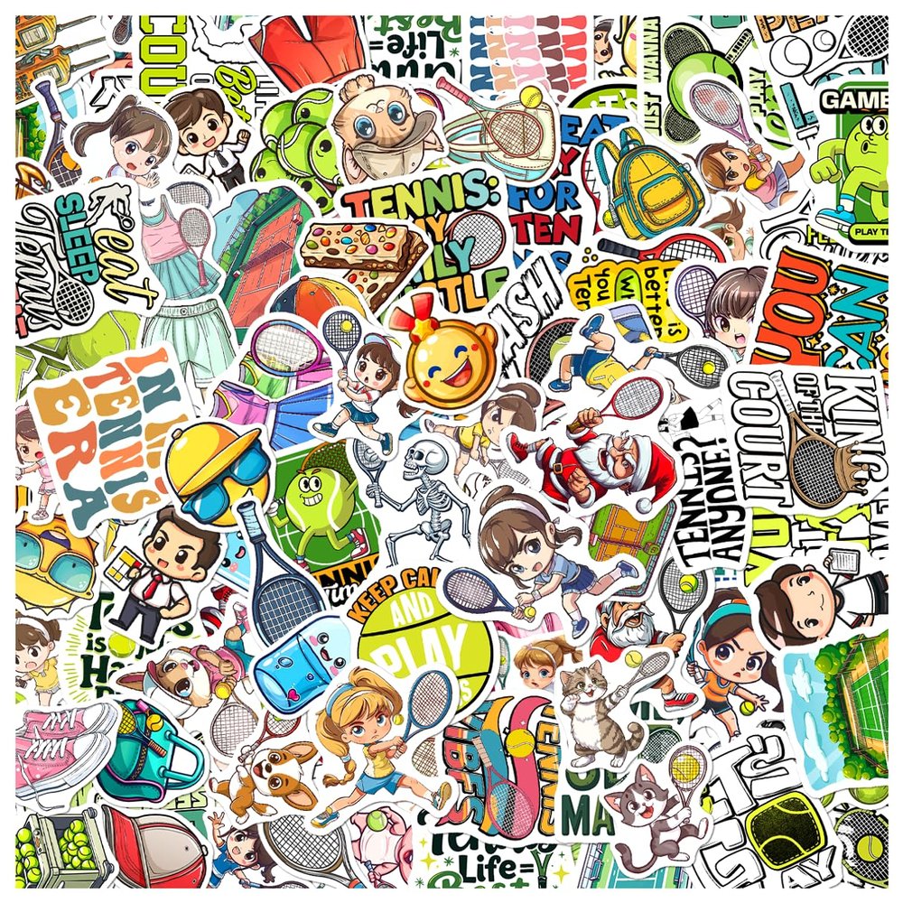 108Pcs Tennis Stickers Pack Cartoon Style Vinyl Decals for Water Bottles Laptop Skateboard Phone Journal Scrapbook Luggage Decoration Fun Quotes and Characters