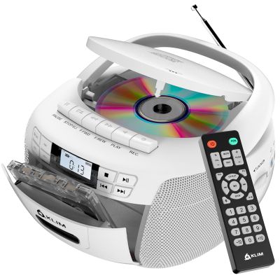 KLIM CD Player & Cassette Tape Player, Bluetooth Boombox, AM/FM Radio, Stereo Sound, Remote, CD and Cassette Combo, Tape Recording, USB Drive, AUX, AC/DC Powered - White