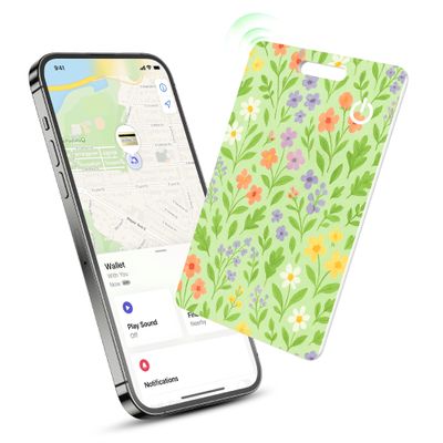 Wallet Tracker Card for Apple Find My (iOS Only), Ultra-Slim Rechargeable Bluetooth Tracking Card for Wallets, Keys, Passport & Luggage, Water-Resistant Wallet Finder Smart Card Green Floral