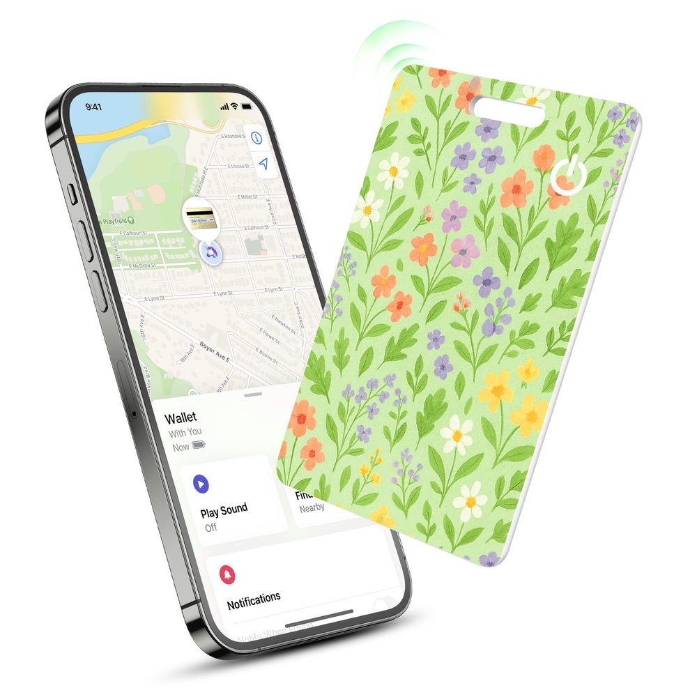 Wallet Tracker Card for Apple Find My (iOS Only), Ultra-Slim Rechargeable Bluetooth Tracking Card for Wallets, Keys, Passport & Luggage, Water-Resistant Wallet Finder Smart Card Green Floral
