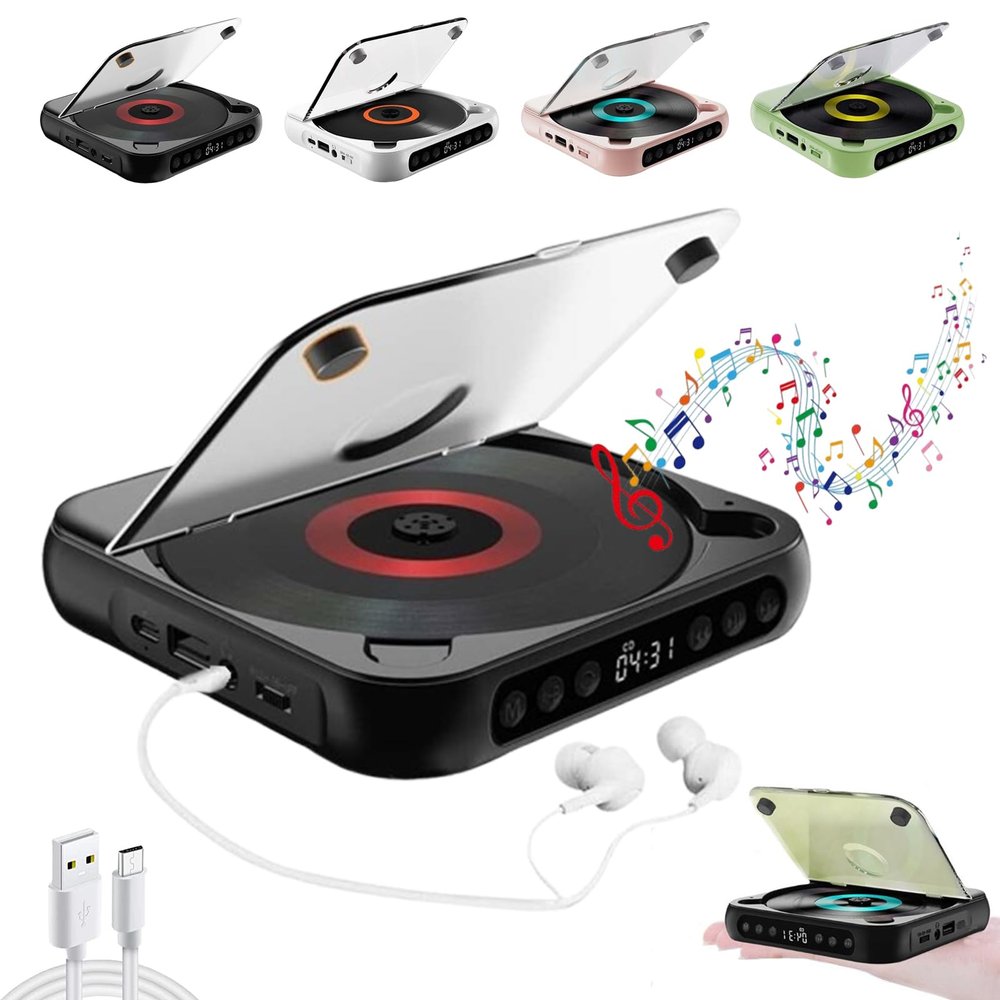 Portable CD Player, Home Rechargeable Compact Portable Bluetooth-Compatible CD Player Built-in HiFi Speakers with Timer and LCD Screen Display, Supports CD/AUX/USB and Repeat Modes (Black)