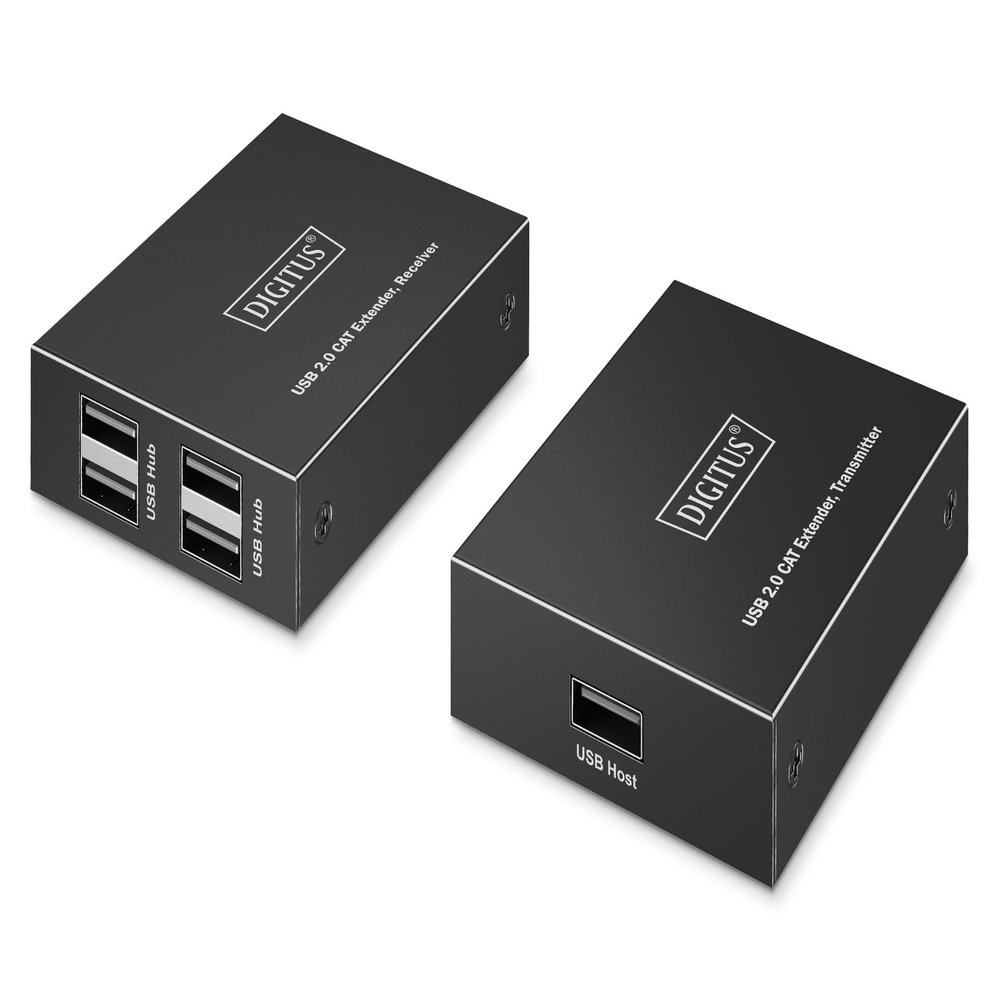 DIGITUS USB 2.0 Over Ethernet Extender - 4 Port USB-A Hub - 150m Range with Cat 6 Network Cable - 480Mbps - Black