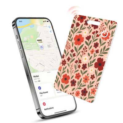 Wallet Tracker Card for Women, Bluetooth Finder Works with Apple Find My, Water Resistant Rechargeable Smart Thin GPS Item Locator, Wallet Finder & Key Tracker for Bags, Luggage Tag - Red Floral