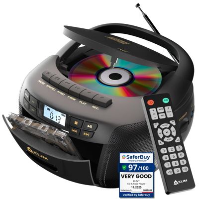 KLIM CD Player & Cassette Tape Player, Bluetooth Boombox, AM/FM Radio, Stereo Sound, Remote, CD and Cassette Combo, Tape Recording, USB Drive, AUX, AC/DC Powered