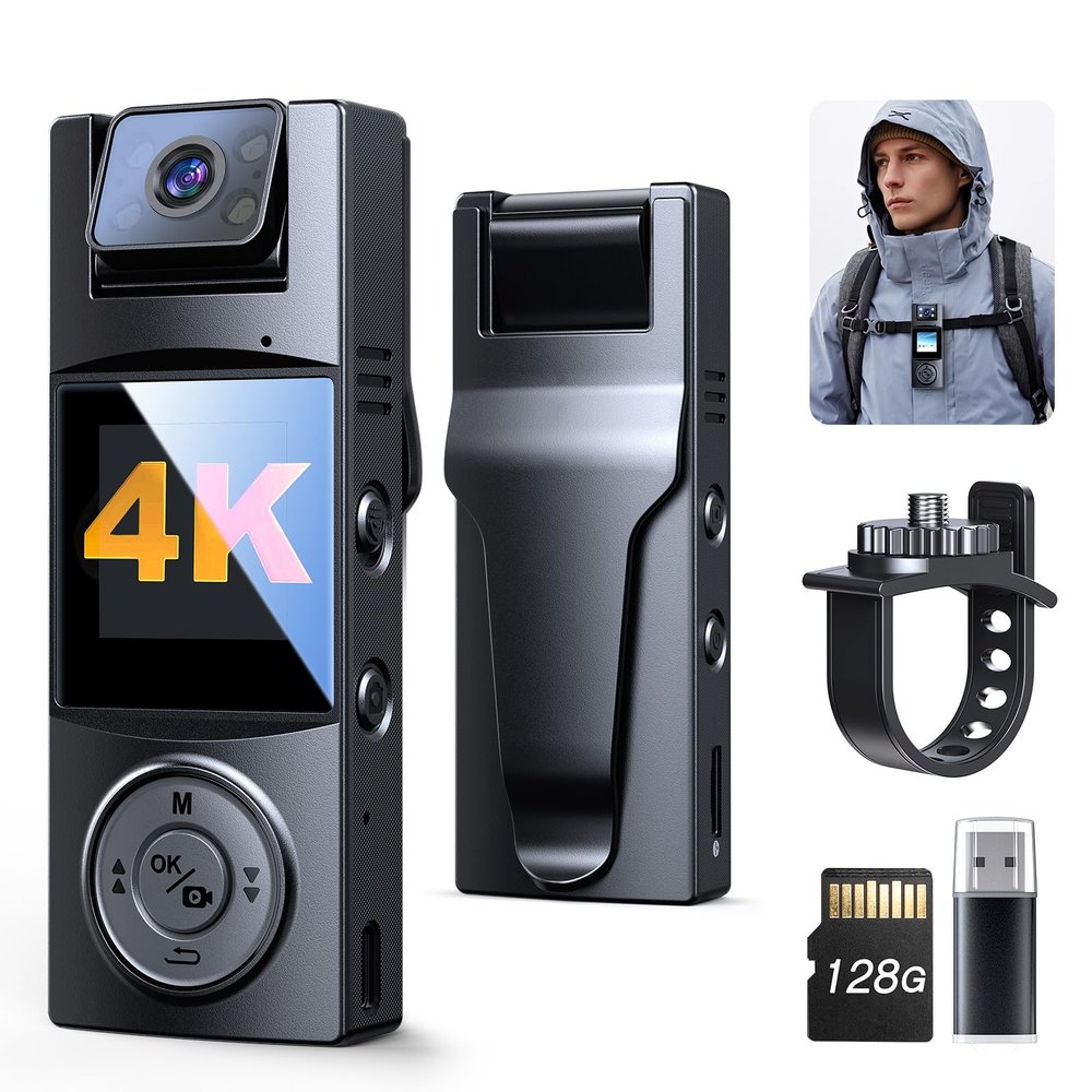 BOBLOV Body Camera with 180Rotatable Lens, 4K/48MP Small Body Camera, Night Vision Function, Easy to Use and Take for Lecture, Traveling, Pet Walking and Outdoors Activities (4K-128GB)