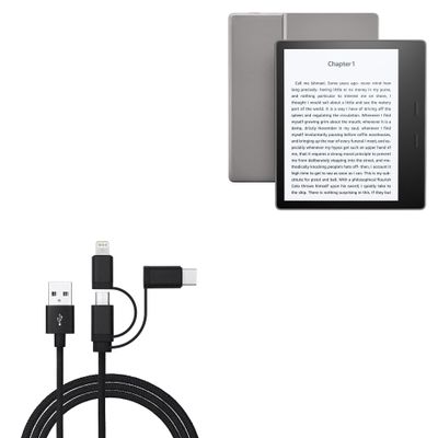 BoxWave Cable Compatible with Amazon Kindle Oasis (2nd Gen 2017) - AllCharge 3-in-1 Cable - Jet Black