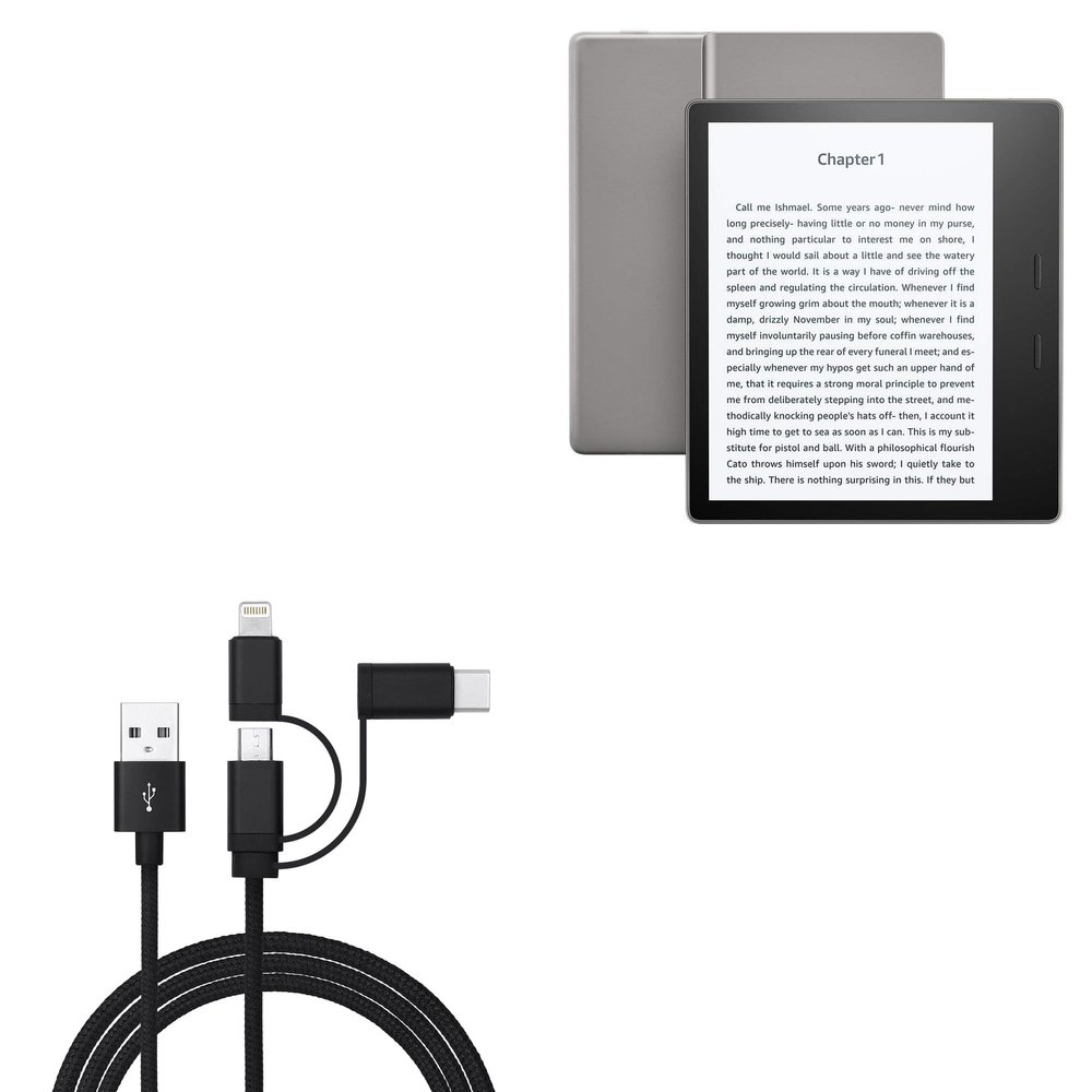 BoxWave Cable Compatible with Amazon Kindle Oasis (2nd Gen 2017) - AllCharge 3-in-1 Cable - Jet Black