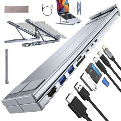 8-in-1 USB-C Laptop Stand, Flat Laptop Docking Station Stand, Type C Hubs Adapter, All-in-One 8-Port, Portable Adjustable, with 4k HDMI, 2 USB 3.0, Pd 100w, Universal for Home, Offices (Silver)