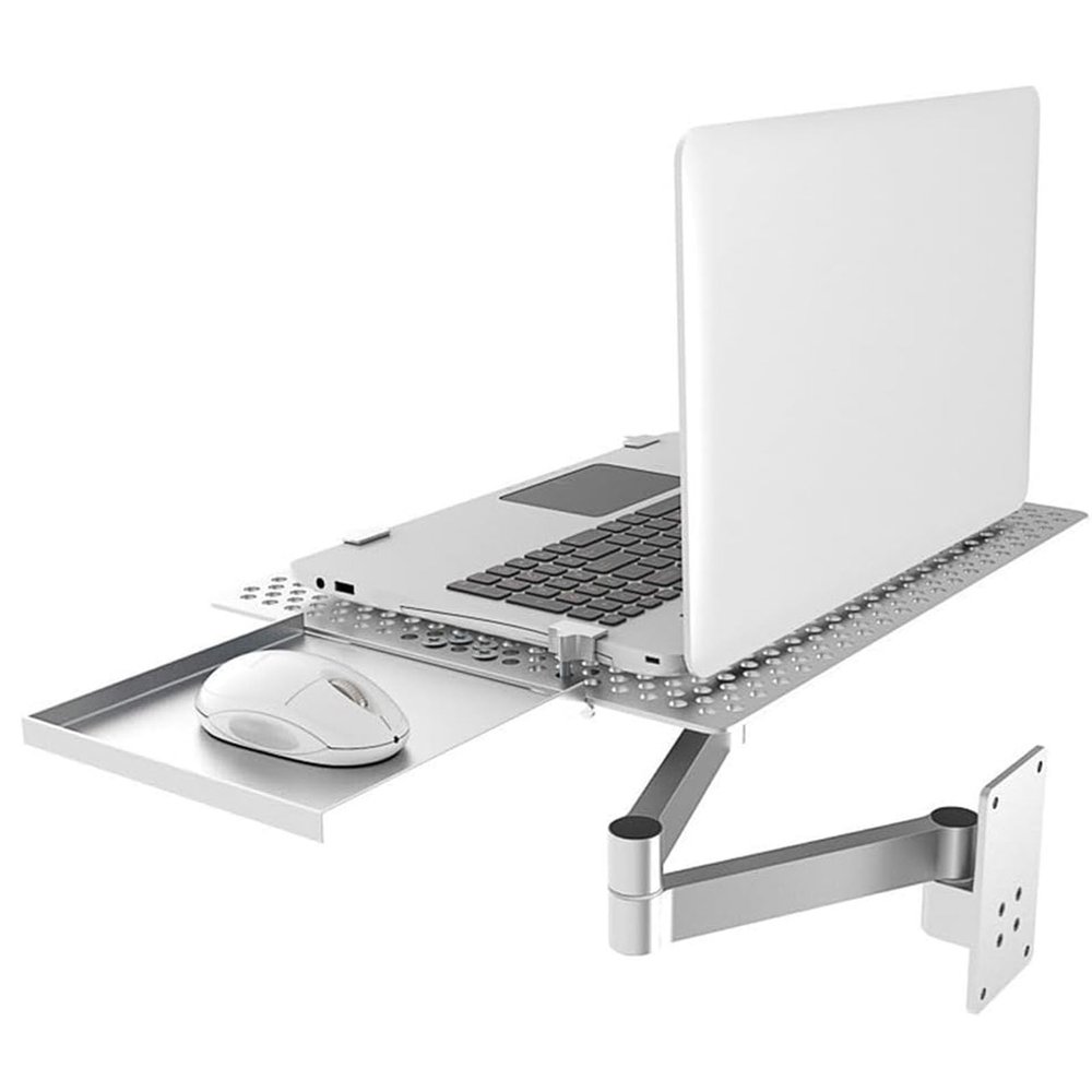 DOJBK Laptop Wall Mount, Wall Mount Adjustable Laptop Stand, Full Motion Articulating Notebook Tray, Vented Cooling Platform, with Mouse Tray, Weight Capacity 8KG, for Office, Workstation