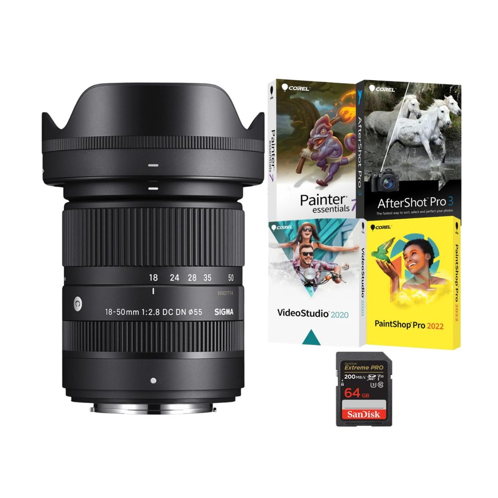 Sigma 18-50mm F2.8 DC DN Contemporary Lens (Fujifilm X-Mount) Bundle with Software Suite and 64GB Memory Card (3 Items)