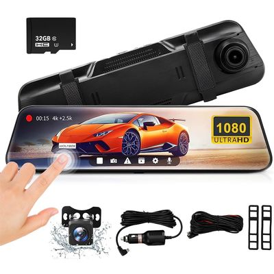 10'' Mirror Dash Cam, 1080P FHD IPS Touch Screen Front and Rear View Backup Camera for Cars Loop Recording Streaming Media, 170Wide Angle Parking Assistance with 32GB Memory Card