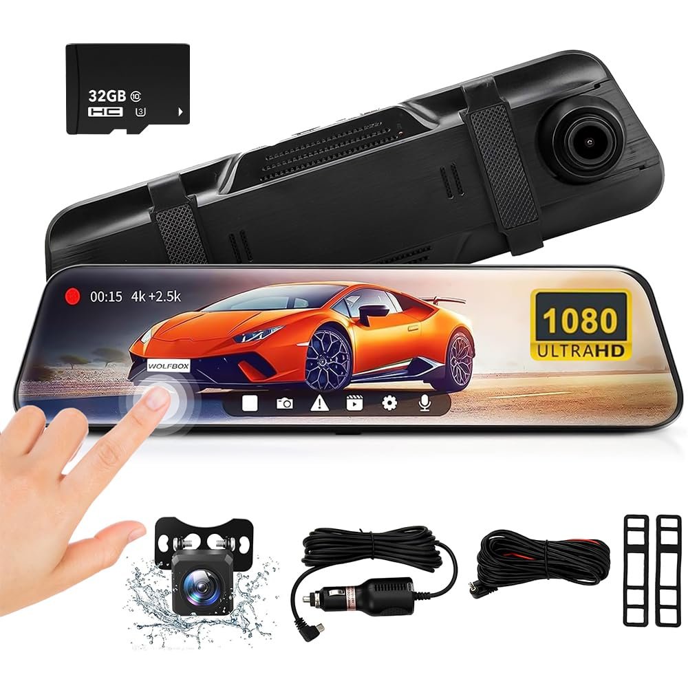 10'' Mirror Dash Cam, 1080P FHD IPS Touch Screen Front and Rear View Backup Camera for Cars Loop Recording Streaming Media, 170Wide Angle Parking Assistance with 32GB Memory Card