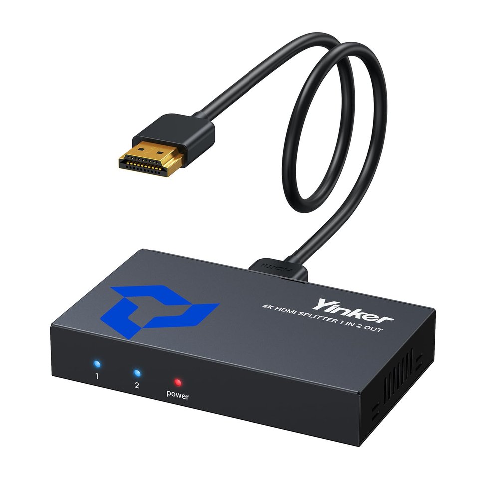 4K HDMI Splitter 1 in 2 Out w/5Ft Cable, Yinker Metal Shell 1x2 HDMI Splitter Mirror 1 Video on Dual Monitors (Not Extended Display), USB Powered Distributor Supports 4K@30Hz, 3D,1080P@60Hz