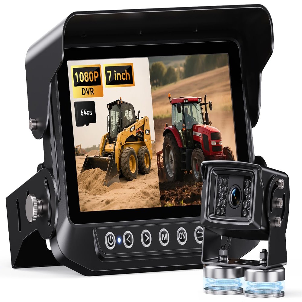 Skid Steer Backup Camera Dual-View 7 Inch 1080p HD, Magnetic Camera, and DVR Recorder for Farm Tractor Trucks, RVs, Trailers, and Farm Heavy Equipment