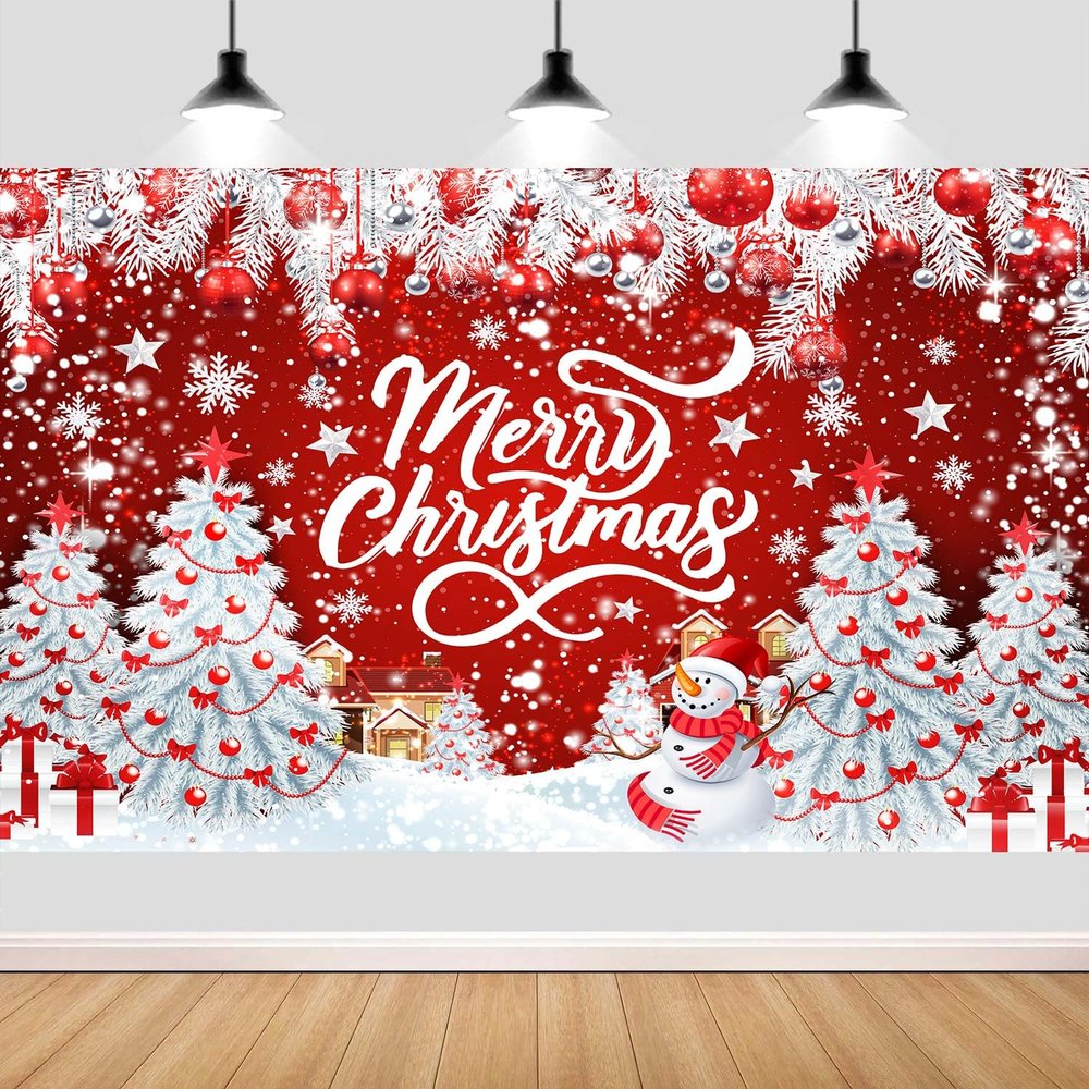 10X10ft Merry Christmas Backdrop Glitter Sparkle Red Christmas Snowman Snowflakes Photography Background Photo Props for Winter New Year Xmas Eve Family Party Decoration Supplies