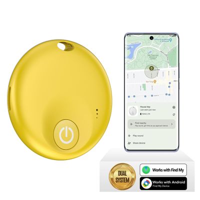 FindTag Duo - Dual System Tracker for iOS or Android, Bluetooth Tracking Tag/Key Finder/Luggage Tracker/Item Locator, Compatible with iOS Find My or Google Find Hub App (Yellow)