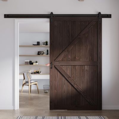 FREDBECK 54in x 84in Brown Barn Door with 9ft (108inch) Barn Door Hardware Track Kit Included, Double Surfaces,Simple Assembly is Required,K-Frame,Coffee