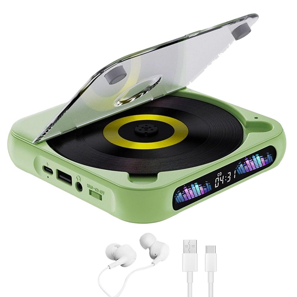 Portable Cd Player with Bluetooth 5.0, Anti-Skip Shockproof Personal Cd Player with Aux/USB, Built-in HiFi Speakers, for Car Home Office Seniors Travel (Green)